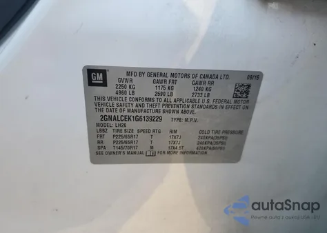 2016 Chevrolet Equinox Lt from USA, damaged, VIN 2GNALCEK1G6139229